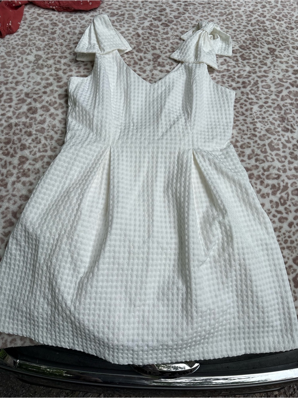 Champagne And Strawberry Size Medium White Swiss Dot Bow Shoulder Mini Dress